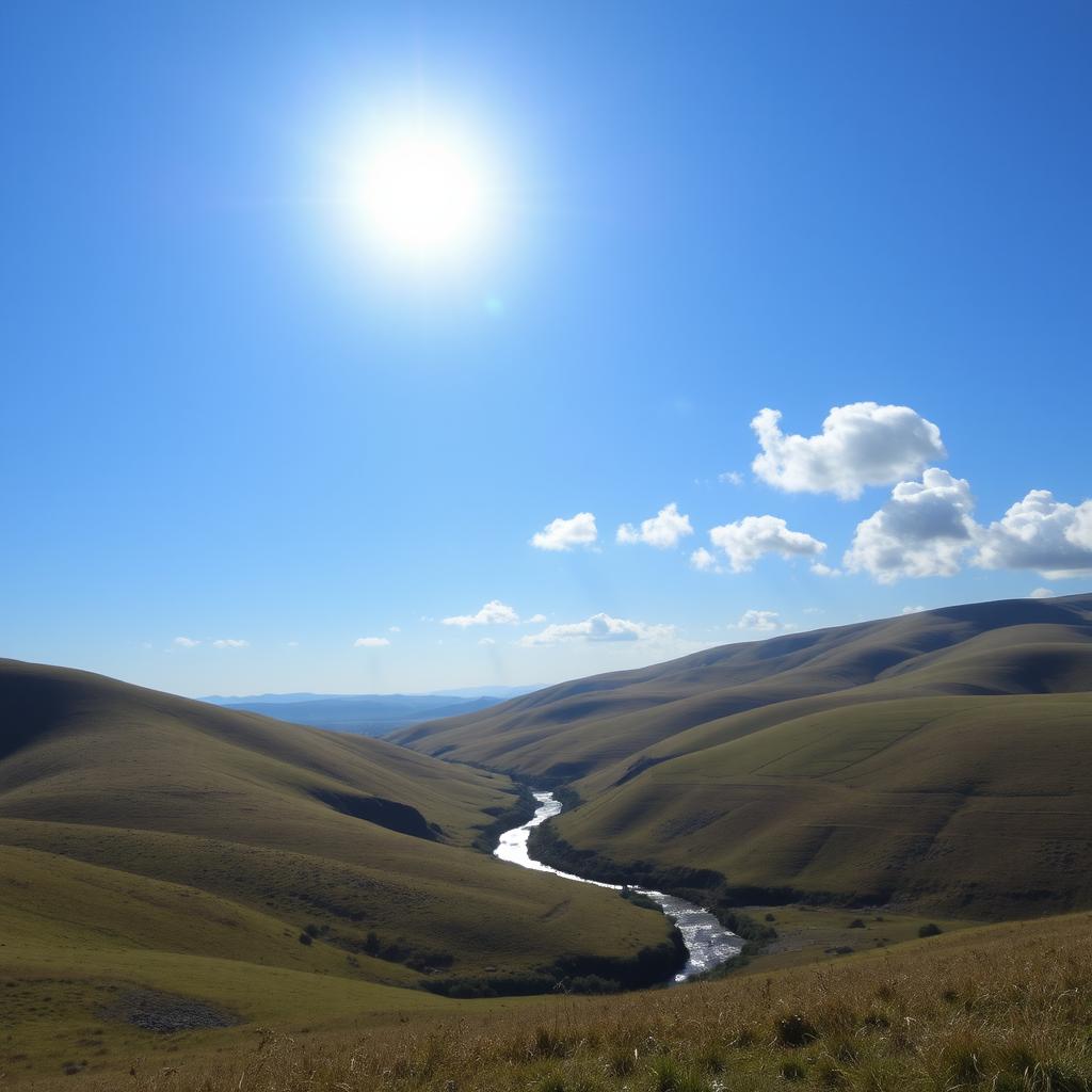 A beautiful landscape with rolling hills, a clear blue sky, and a bright sun shining down