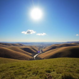 A beautiful landscape with rolling hills, a clear blue sky, and a bright sun shining down