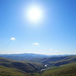 A beautiful landscape with rolling hills, a clear blue sky, and a bright sun shining down