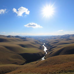 A beautiful landscape with rolling hills, a clear blue sky, and a bright sun shining down