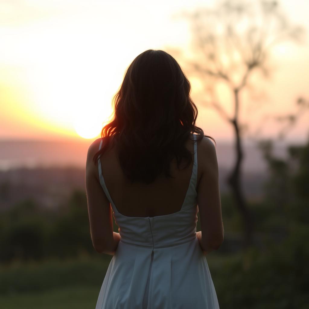 A tasteful and artistic depiction of a woman from behind, standing in a natural setting with a sunset in the background