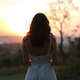 A tasteful and artistic depiction of a woman from behind, standing in a natural setting with a sunset in the background