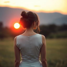 A tasteful and artistic depiction of a woman from behind, standing in a natural setting with a sunset in the background