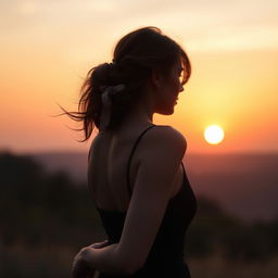 A tasteful and artistic depiction of a woman from behind, standing in a natural setting with a sunset in the background