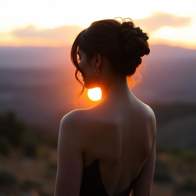 A tasteful and artistic depiction of a woman from behind, standing in a natural setting with a sunset in the background