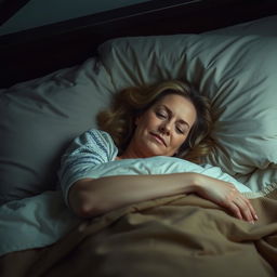 A stepmother lying in bed, resting peacefully with a serene expression on her face