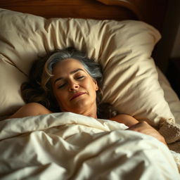 A stepmother lying in bed, resting peacefully with a serene expression on her face