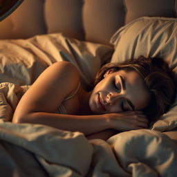 A stepmother lying in bed, resting peacefully with a serene expression on her face