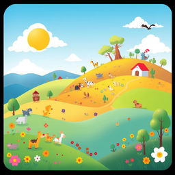 Create an image that is vibrant and colorful, featuring a whimsical landscape with rolling hills, a bright blue sky, and a variety of playful animals