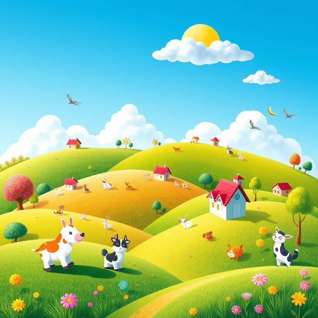 Create an image that is vibrant and colorful, featuring a whimsical landscape with rolling hills, a bright blue sky, and a variety of playful animals