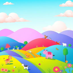 Create an image that is vibrant and colorful, featuring a whimsical landscape with rolling hills, a bright blue sky, and a variety of playful animals