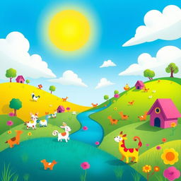 Create an image that is vibrant and colorful, featuring a whimsical landscape with rolling hills, a bright blue sky, and a variety of playful animals