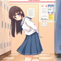 A schoolgirl in a skirt bending slightly forward, depicted in a respectful and non-suggestive manner