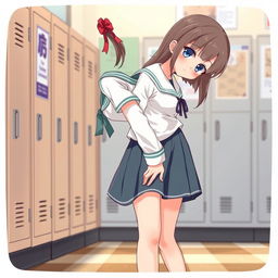 A schoolgirl in a skirt bending slightly forward, depicted in a respectful and non-suggestive manner