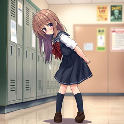 A schoolgirl in a skirt bending slightly forward, depicted in a respectful and non-suggestive manner