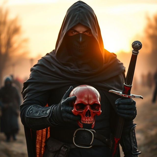 Full shot of a man with a mask and black hood and cape, holding a red skull and walking towards the camera