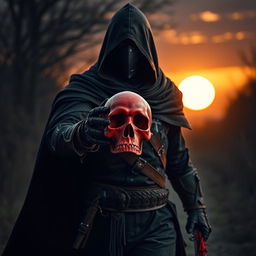 Full shot of a man with a mask and black hood and cape, holding a red skull and walking towards the camera