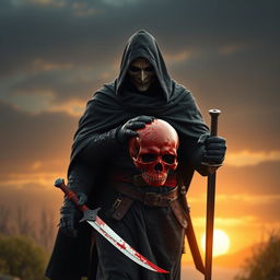 Full shot of a man with a mask and black hood and cape, holding a red skull and walking towards the camera