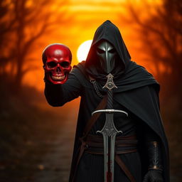 Full shot of a man with a mask and black hood and cape, holding a red skull and walking towards the camera