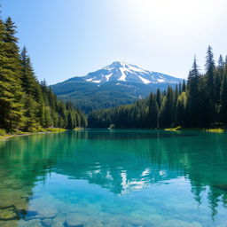 A serene landscape featuring a clear blue lake surrounded by lush green trees, with a snow-capped mountain in the background under a bright, sunny sky