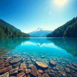 A serene landscape featuring a clear blue lake surrounded by lush green trees, with a snow-capped mountain in the background under a bright, sunny sky