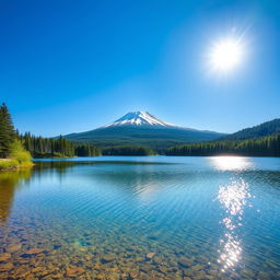 A serene landscape featuring a clear blue lake surrounded by lush green trees, with a snow-capped mountain in the background under a bright, sunny sky