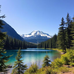 A serene landscape featuring a clear blue lake surrounded by lush green trees, with a snow-capped mountain in the background under a bright, sunny sky