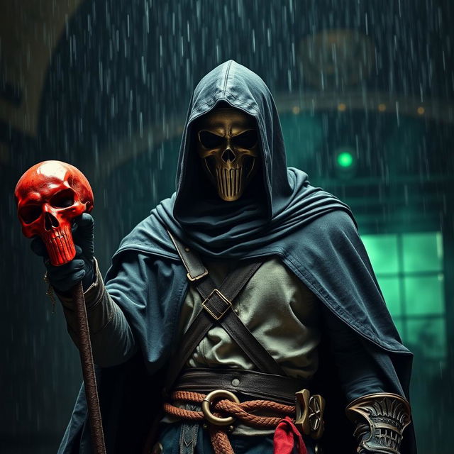 A full shot of a man wearing a mask, black hood, and cape, holding a red skull in one hand and a blood-stained sword in the other