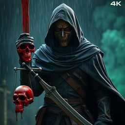 A full shot of a man wearing a mask, black hood, and cape, holding a red skull in one hand and a blood-stained sword in the other