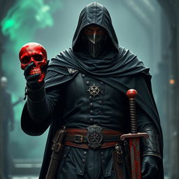 A full shot of a man wearing a mask, black hood, and cape, holding a red skull in one hand and a blood-stained sword in the other