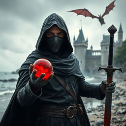 A full shot of a man wearing a mask, black hood, and cape, holding a red magical ball in one hand and a blood-stained sword in the other