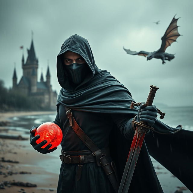 A full shot of a man wearing a mask, black hood, and cape, holding a red magical ball in one hand and a blood-stained sword in the other