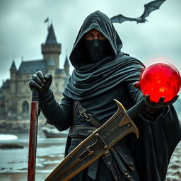 A full shot of a man wearing a mask, black hood, and cape, holding a red magical ball in one hand and a blood-stained sword in the other