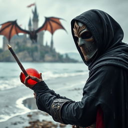 A full shot of a man wearing a mask, black hood, and cape, holding a red magical ball in one hand and a blood-stained sword in the other