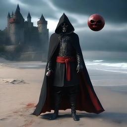 A full shot of a man wearing a mask, black hood, and cape, holding a red magical ball with skulls in it in one hand and a blood-stained sword in the other