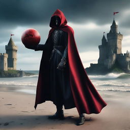 A full shot of a man wearing a mask, black hood, and cape, holding a red magical ball with skulls in it in one hand and a blood-stained sword in the other