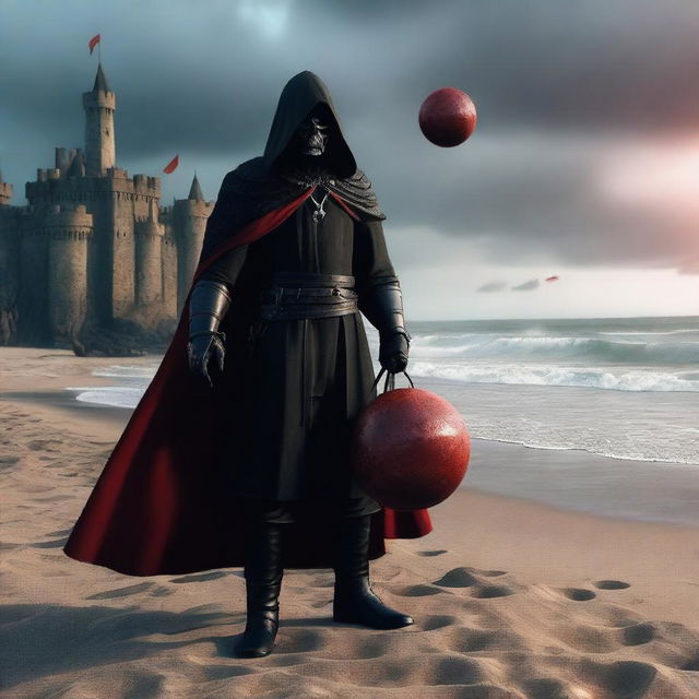 A full shot of a man wearing a mask, black hood, and cape, holding a red magical ball with skulls in it in one hand and a blood-stained sword in the other