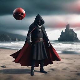 A full shot of a man wearing a mask, black hood, and cape, holding a red magical ball with skulls in it in one hand and a blood-stained sword in the other