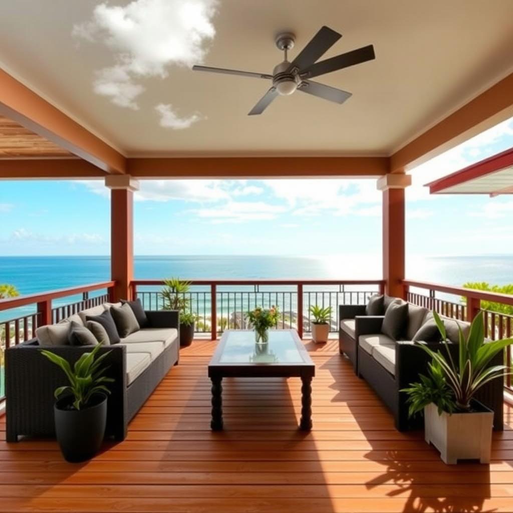 A beautifully designed deck for a vacation home, featuring comfortable seating, a small table, potted plants, and a stunning view of the ocean in the background