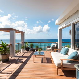 A beautifully designed deck for a vacation home, featuring comfortable seating, a small table, potted plants, and a stunning view of the ocean in the background