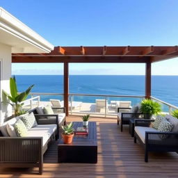 A beautifully designed deck for a vacation home, featuring comfortable seating, a small table, potted plants, and a stunning view of the ocean in the background