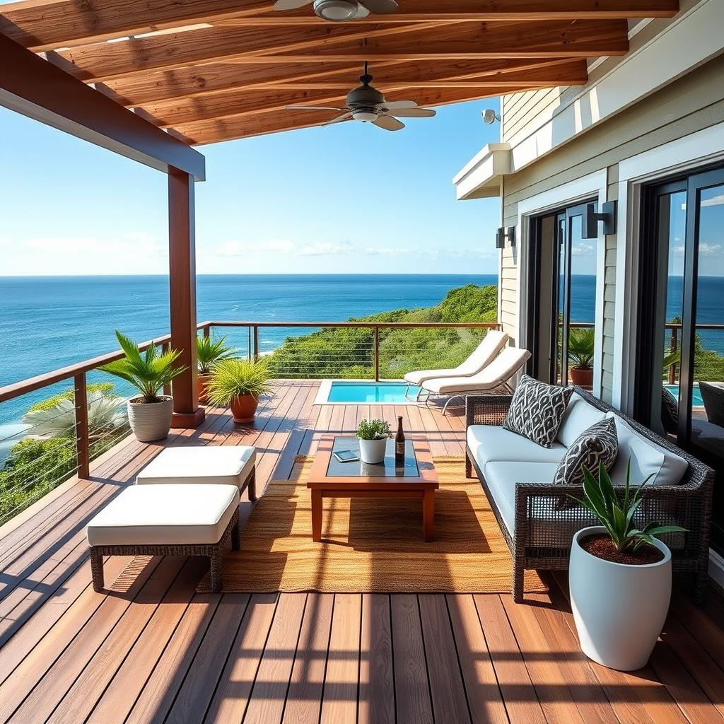 A beautifully designed deck for a vacation home, featuring comfortable seating, a small table, potted plants, and a stunning view of the ocean in the background