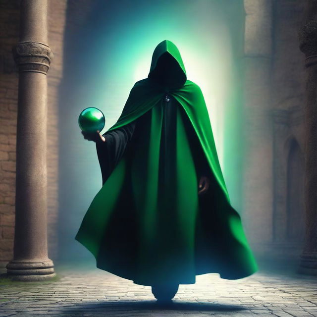 A full shot of a faceless man flying with a black hood and cape, holding a green magical ball in one hand and a blue magical ball in the other