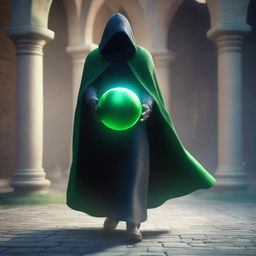 A full shot of a faceless man flying with a black hood and cape, holding a green magical ball in one hand and a blue magical ball in the other