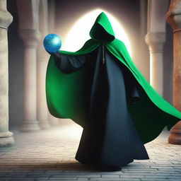 A full shot of a faceless man flying with a black hood and cape, holding a green magical ball in one hand and a blue magical ball in the other