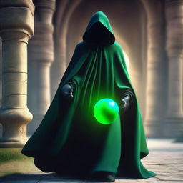 A full shot of a faceless man flying with a black hood and cape, holding a green magical ball in one hand and a blue magical ball in the other