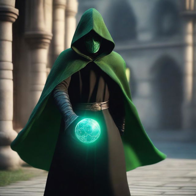 A full shot of a flying man wearing a black hood, cape, and mask, with green eyes