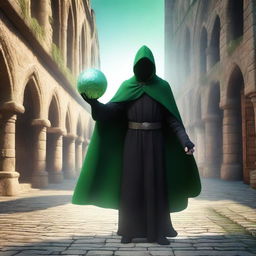 A full shot of a flying man wearing a black hood, cape, and mask, with green eyes