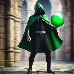 A full shot of a flying man wearing a black hood, cape, and mask, with green eyes