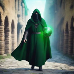 A full shot of a flying man wearing a black hood, cape, and mask, with green eyes